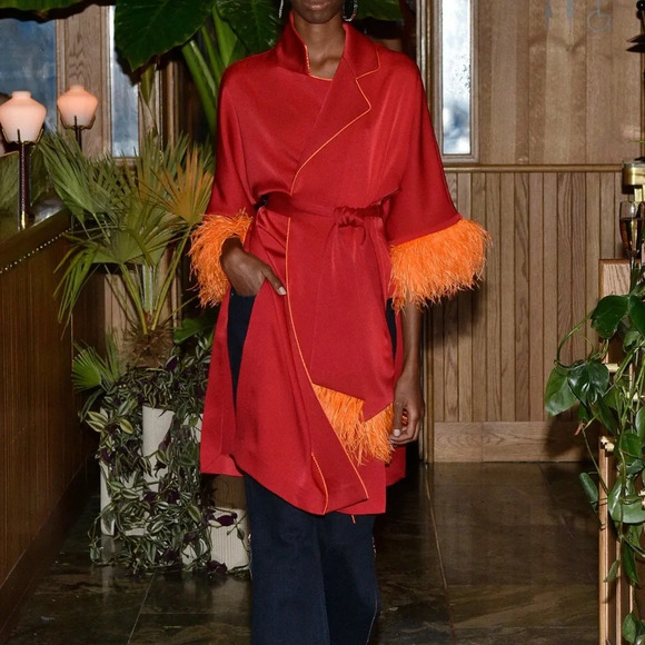 Osman London Red XS Ostrich Feather Trim Robe - Picture 7 of 8